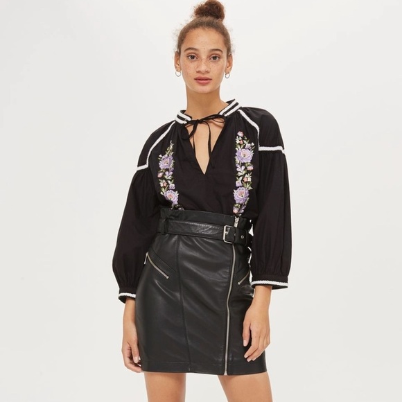 Topshop Embroidered Poplin Tie Neck Top - Picture 1 of 6